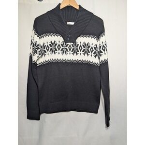 H2H Men's Black White Snowflake Fair Isle Shawl Collar Sweater Sz M Nordic Print